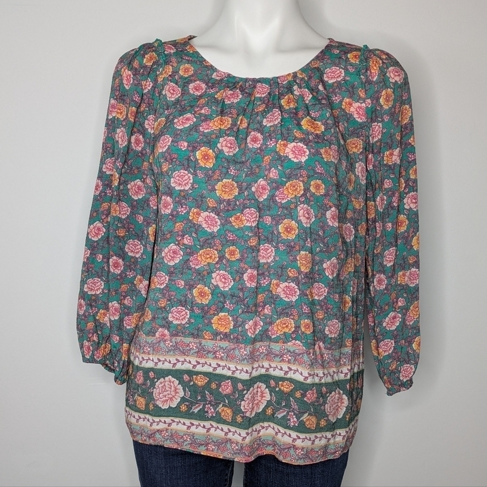 ✨3/$15 LC Lauren Conrad Pink Orange Floral 3/4 Sleeve Blouse XS